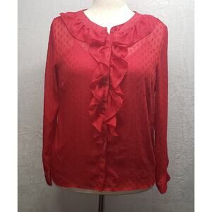 Jaclyn Smith Red Shimmer Blouse L – Ruffle Ruffle Front Sheer Overlay Retro Glam